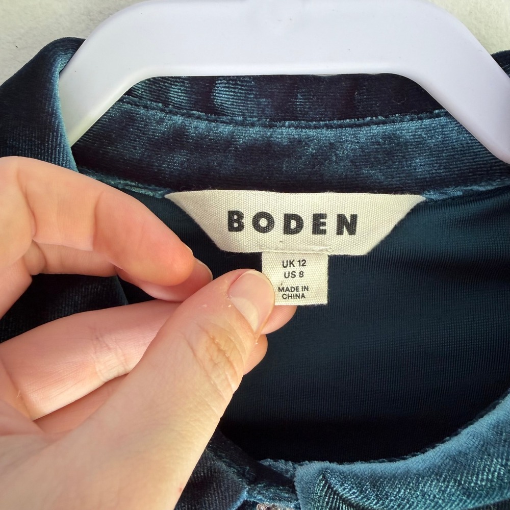 Boden Womens Velvet Button Down Shirt Dark Teal Green Rhinestone Buttons Size 8 - Picture 4 of 9